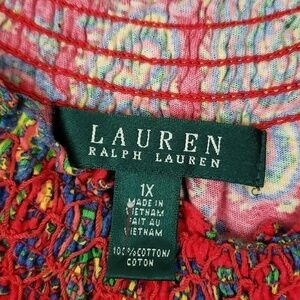 Lauren Ralph Lauren Red Blue Paisley Smocked Off Shoulder Preppy Coastal Top 1X